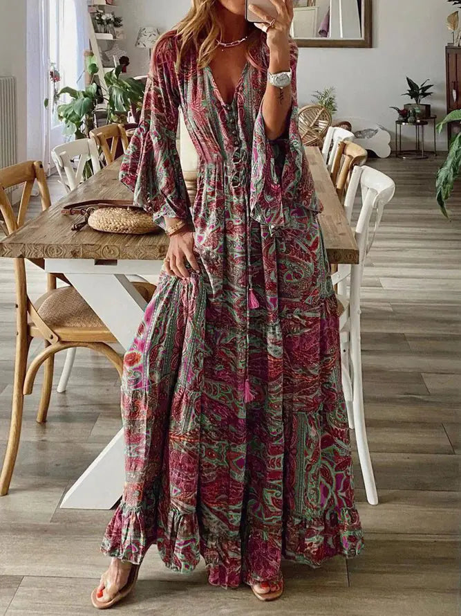 2025 Bohemian Floral Print Maxi Dress with V-Neck