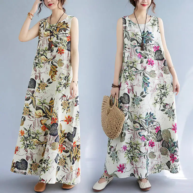 Women's Printed Cotton Linen Sleeveless Round Neck Dress