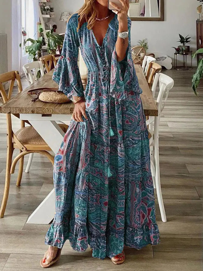 2025 Bohemian Floral Print Maxi Dress with V-Neck