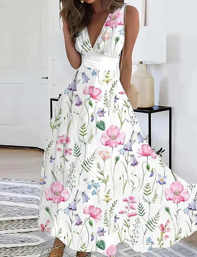 2025 Summer V-Neck High-Waist Floral Dress