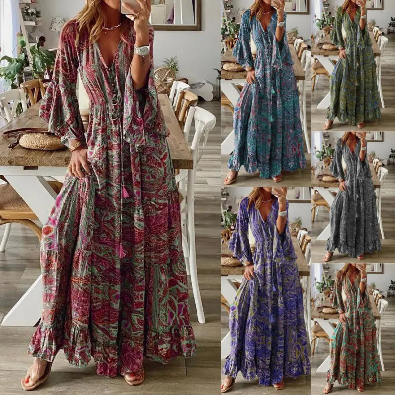 2025 Bohemian Floral Print Maxi Dress with V-Neck