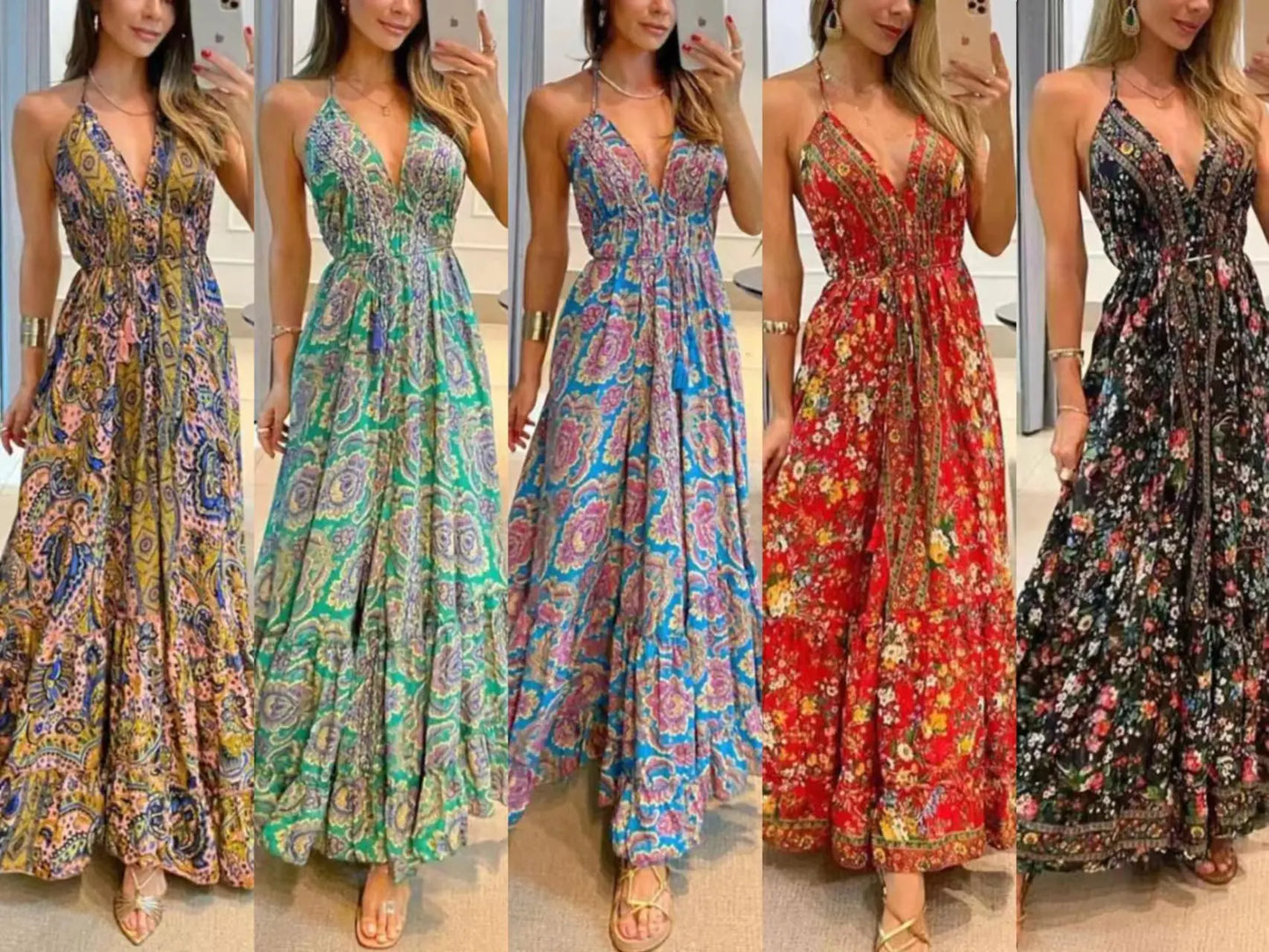 2025 Summer Women's V-Neck Floral Maxi Dress