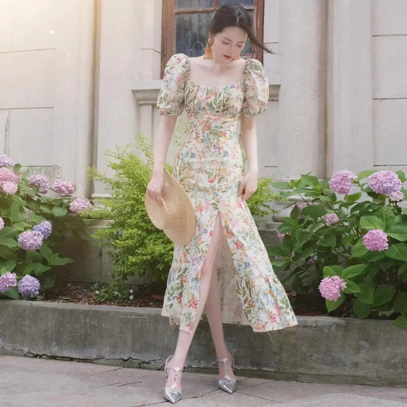 Floral Print Puff Sleeve Linen Mid-Length Dress