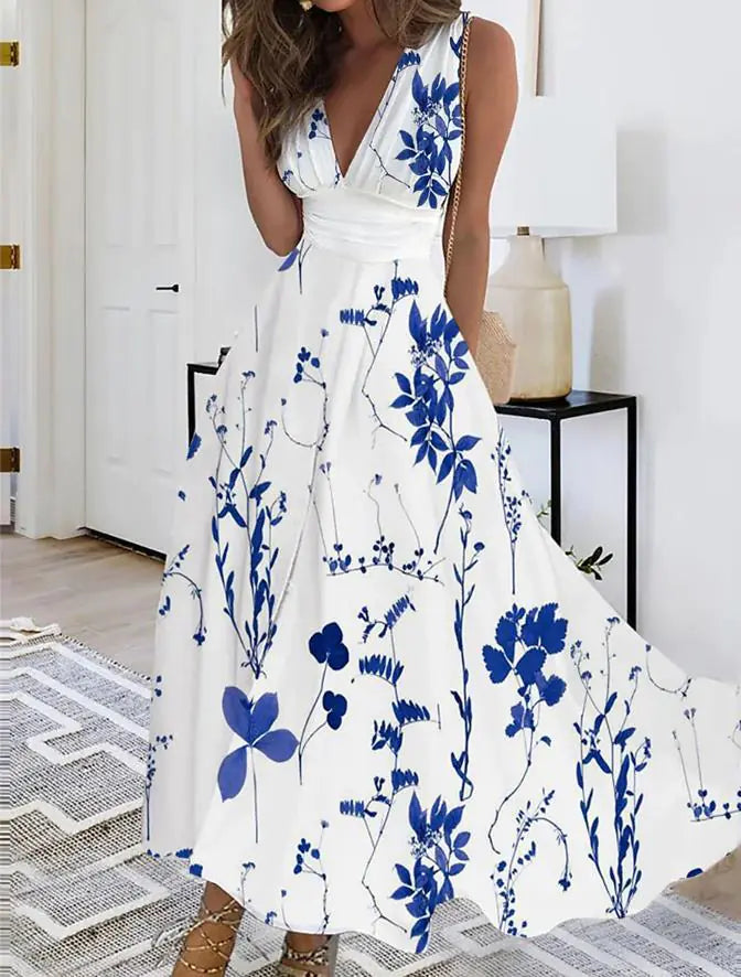 2025 Summer V-Neck High-Waist Floral Dress