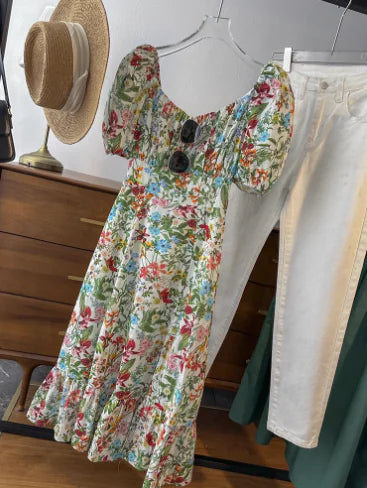 Floral Print Puff Sleeve Linen Mid-Length Dress