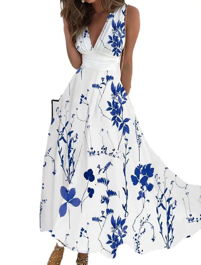 2025 Summer V-Neck High-Waist Floral Dress
