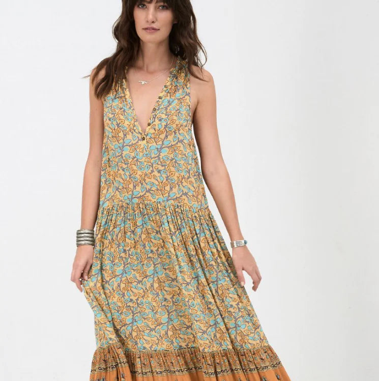 Vintage Floral Sleeveless Ruffle Neck Cotton Dress