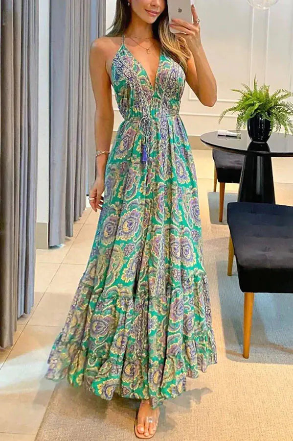 2025 Summer Women's V-Neck Floral Maxi Dress