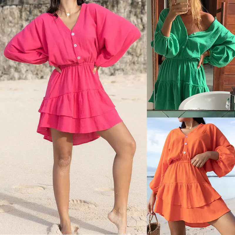 Elegant V-neck Batwing Sleeve Cotton Linen Dress