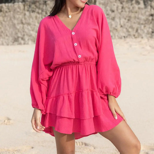 Elegant V-neck Batwing Sleeve Cotton Linen Dress