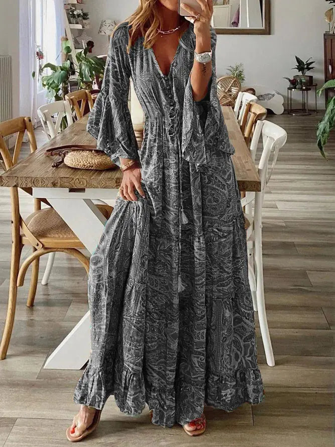 2025 Bohemian Floral Print Maxi Dress with V-Neck