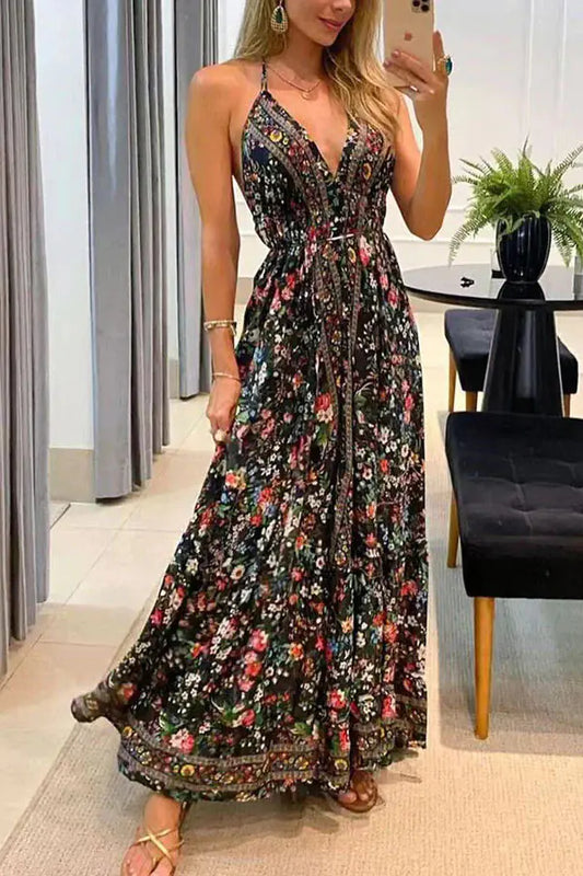 2025 Summer Women's V-Neck Floral Maxi Dress