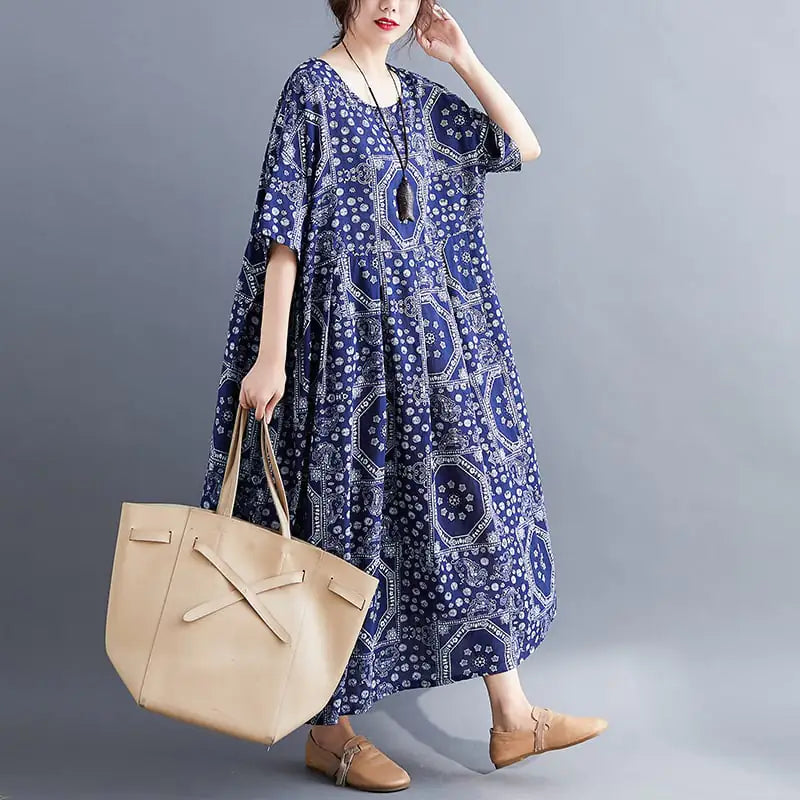 Cotton and Linen Printed Short-Sleeved Dress