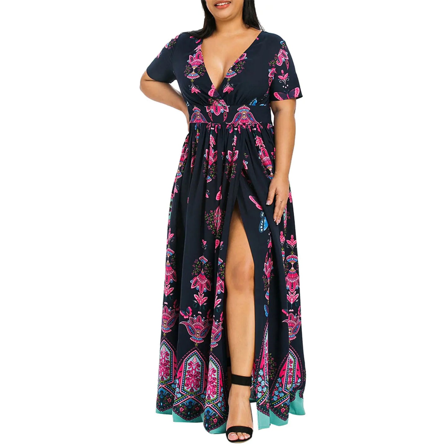 Bohemian Floral Print V Neck Long Dress for Women