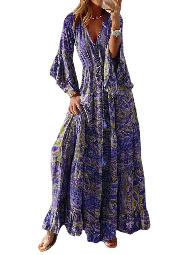2025 Bohemian Floral Print Maxi Dress with V-Neck