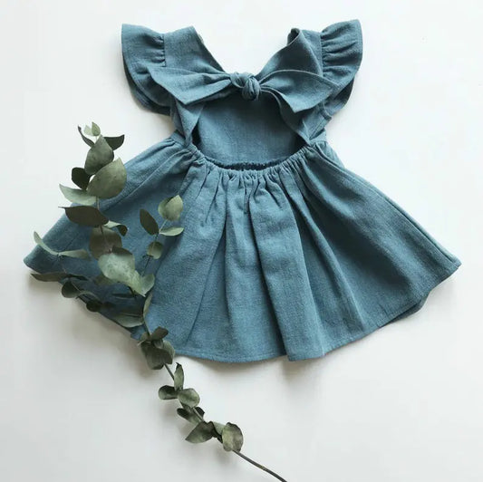 Girls' Cotton Linen Bow Princess Dress for Ages 3-8