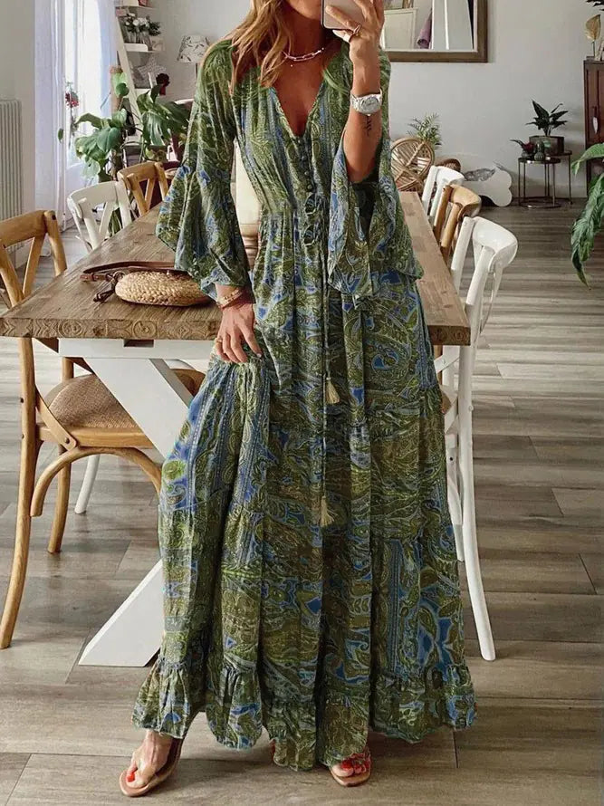 2025 Bohemian Floral Print Maxi Dress with V-Neck