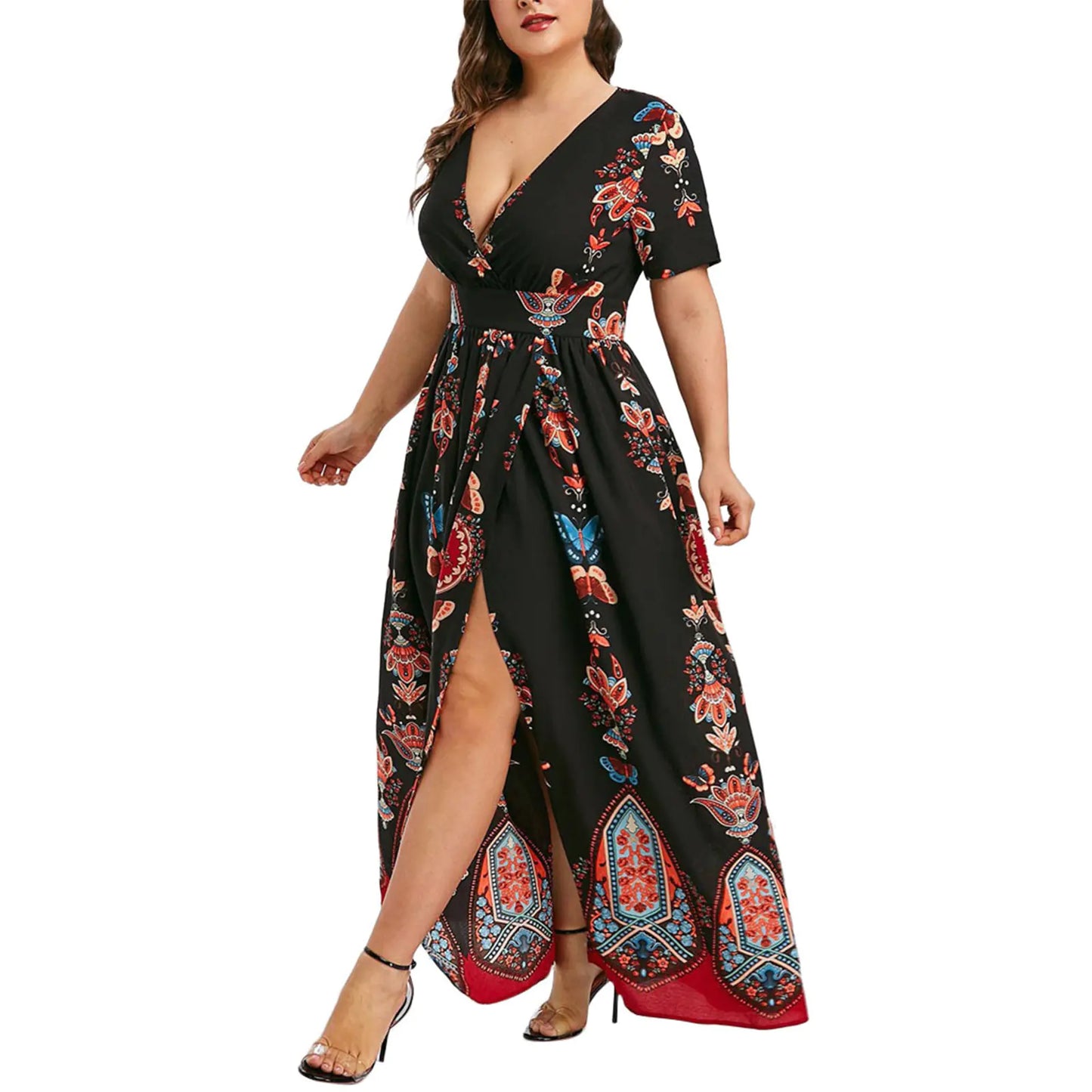 Bohemian Floral Print V Neck Long Dress for Women