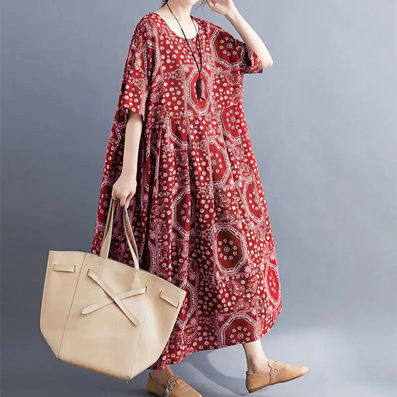 Cotton and Linen Printed Short-Sleeved Dress