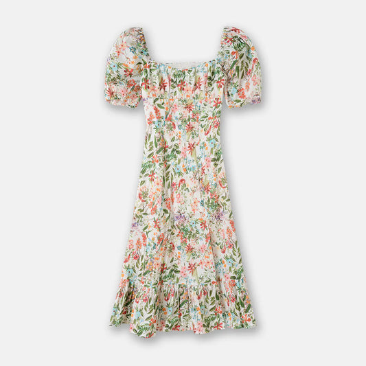 Floral Print Puff Sleeve Linen Mid-Length Dress