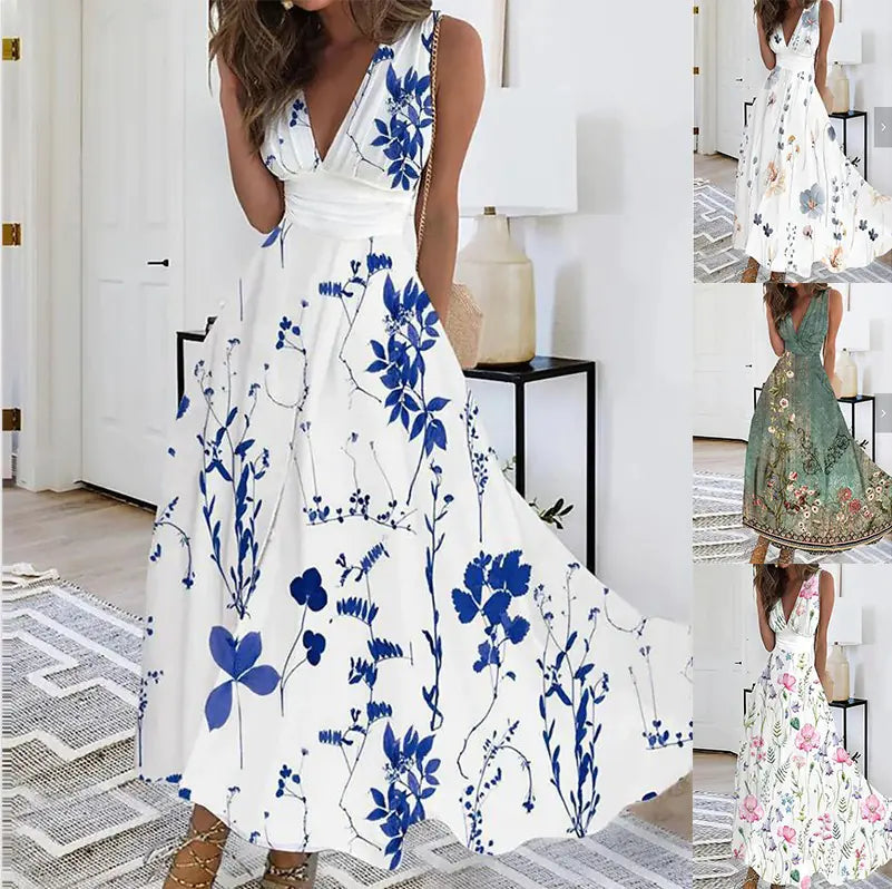 2025 Summer V-Neck High-Waist Floral Dress