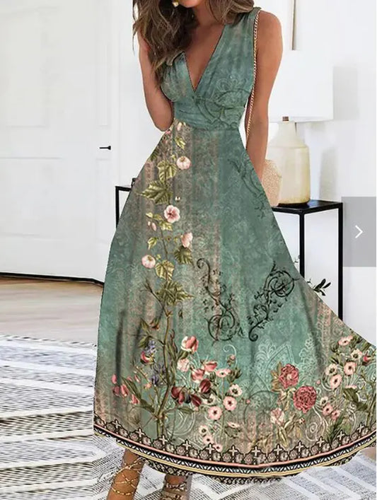 2025 Summer V-Neck High-Waist Floral Dress