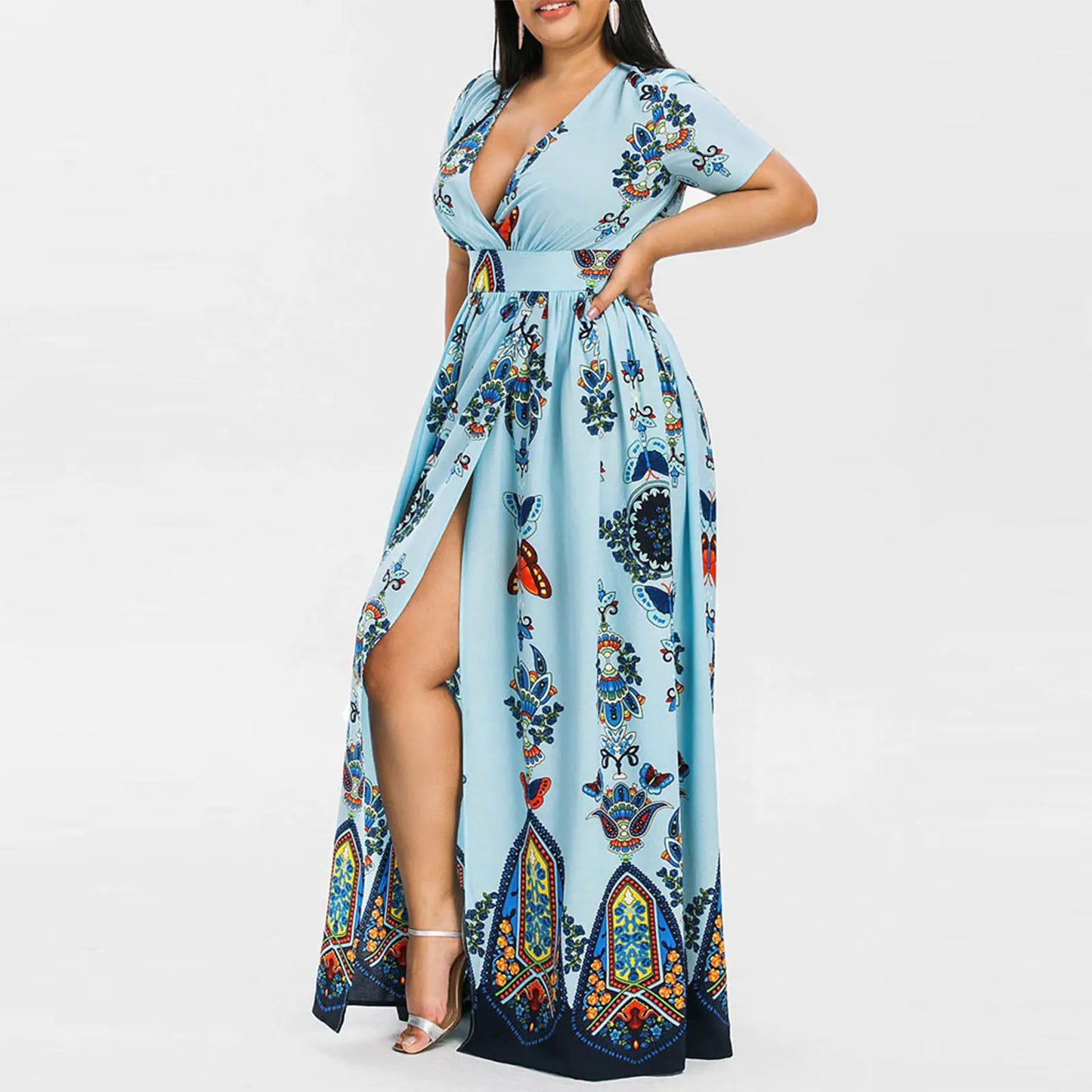 Bohemian Floral Print V Neck Long Dress for Women