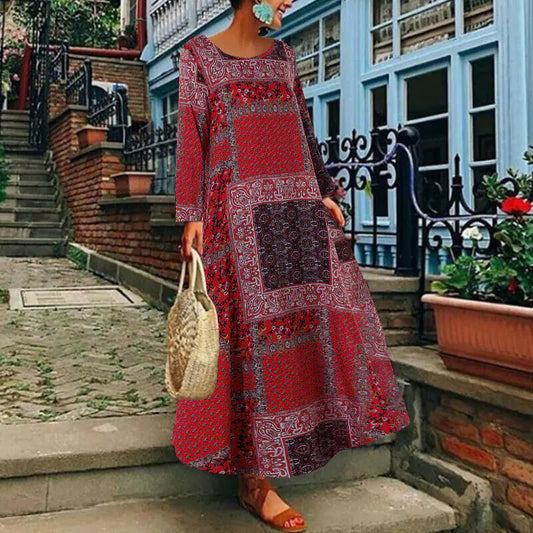 Women's Long Sleeve Cotton and Linen Dress
