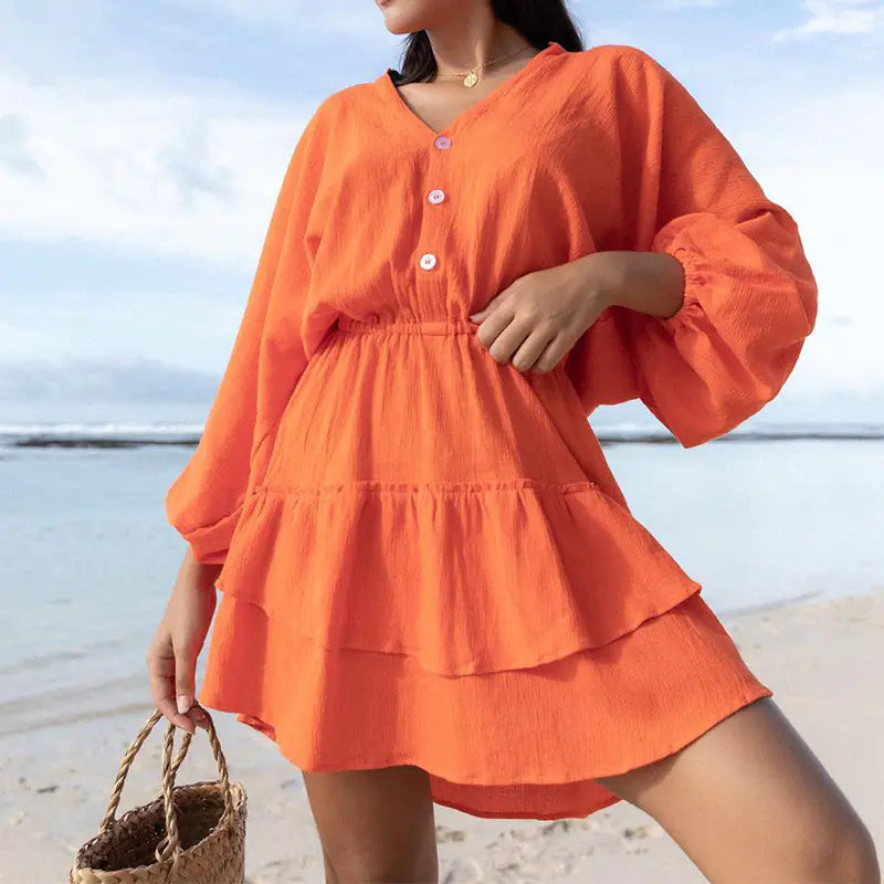 Elegant V-neck Batwing Sleeve Cotton Linen Dress