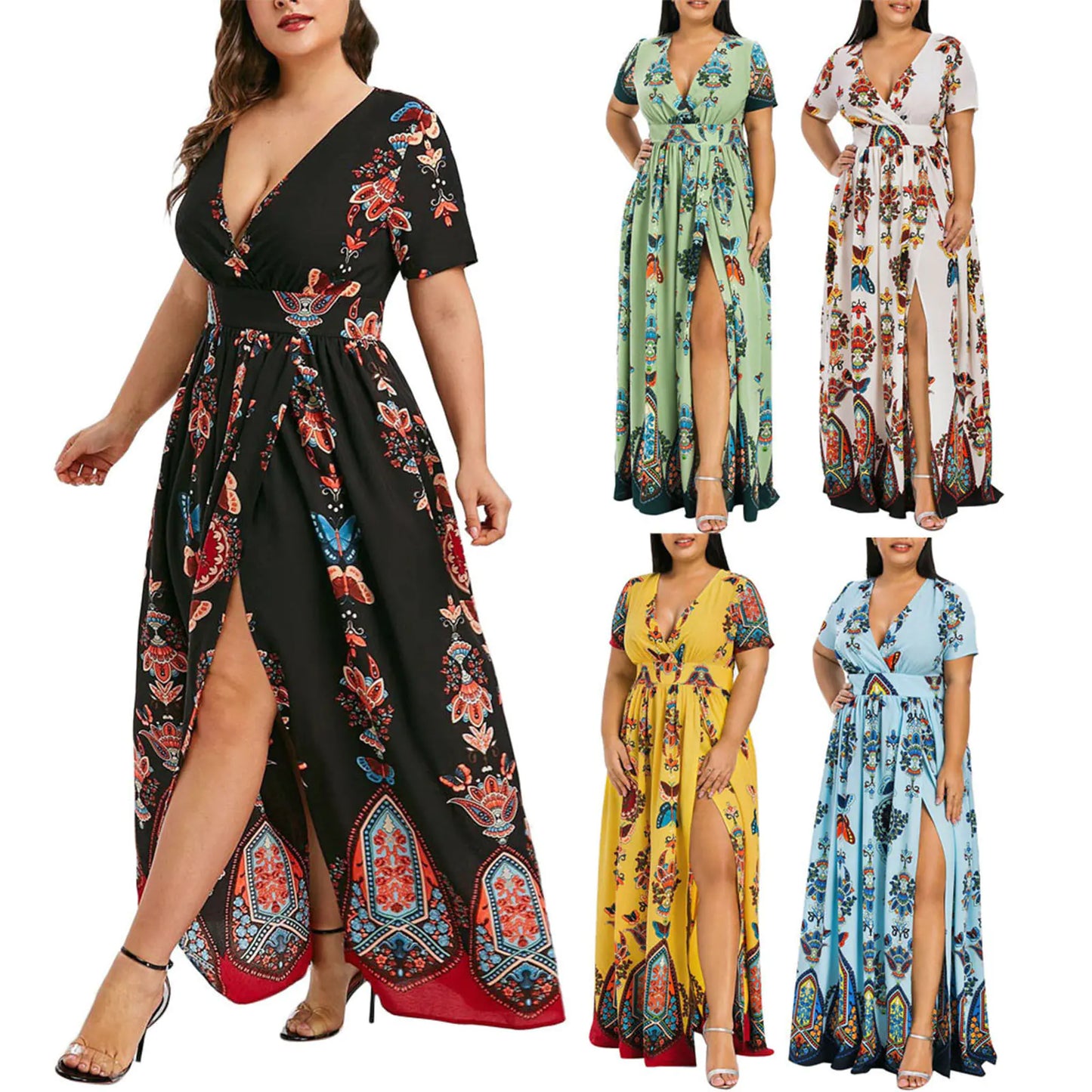 Bohemian Floral Print V Neck Long Dress for Women