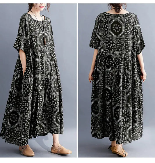 Cotton and Linen Printed Short-Sleeved Dress