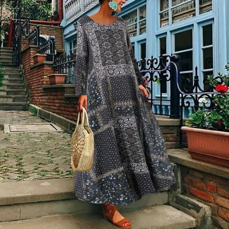 Women's Long Sleeve Cotton and Linen Dress
