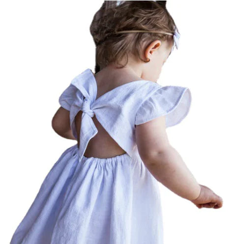 Girls' Cotton Linen Bow Princess Dress for Ages 3-8