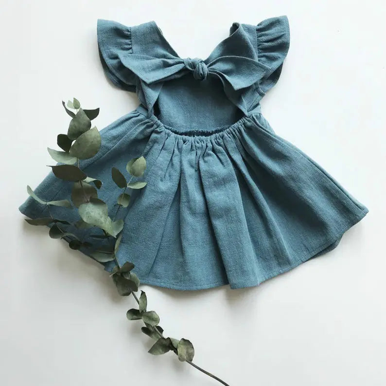 Girls' Cotton Linen Bow Princess Dress for Ages 3-8
