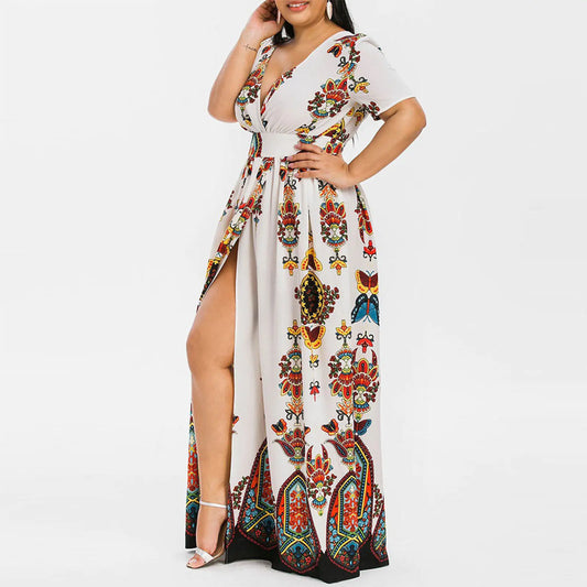 Bohemian Floral Print V Neck Long Dress for Women