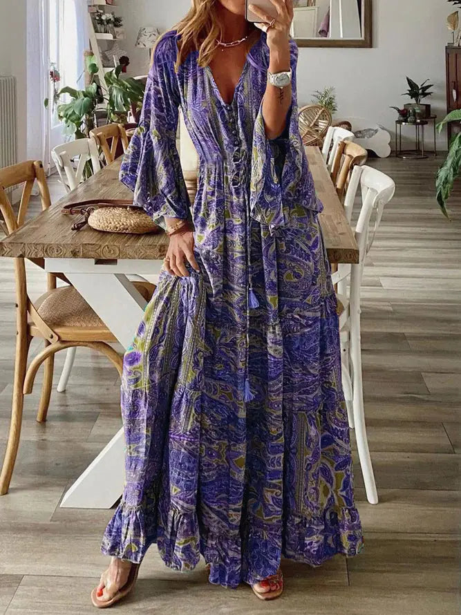 2025 Bohemian Floral Print Maxi Dress with V-Neck