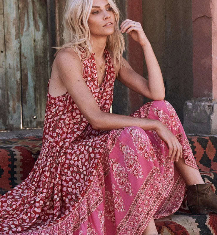 Vintage Floral Sleeveless Ruffle Neck Cotton Dress