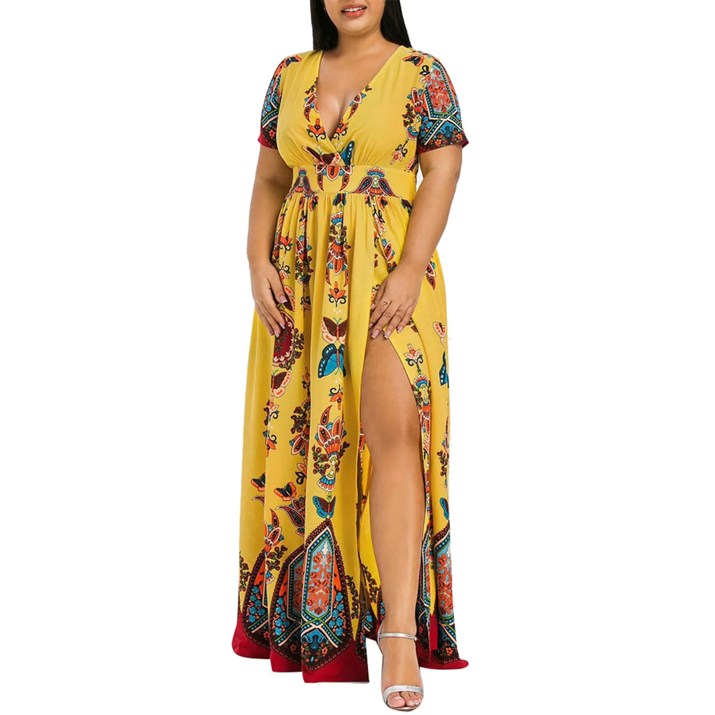 Bohemian Floral Print V Neck Long Dress for Women