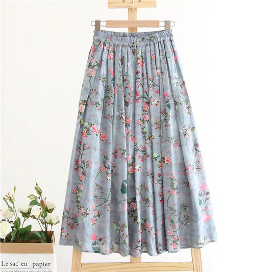 Women's Floral A-Line Long Dress in Cotton and Linen