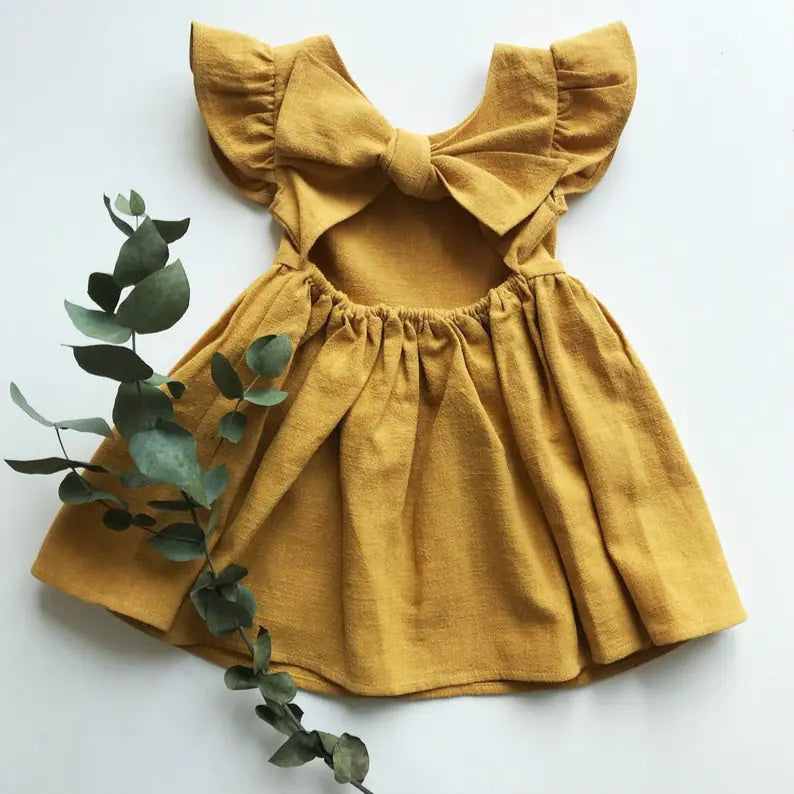 Girls' Cotton Linen Bow Princess Dress for Ages 3-8