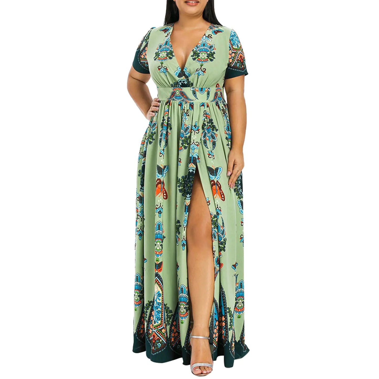 Bohemian Floral Print V Neck Long Dress for Women