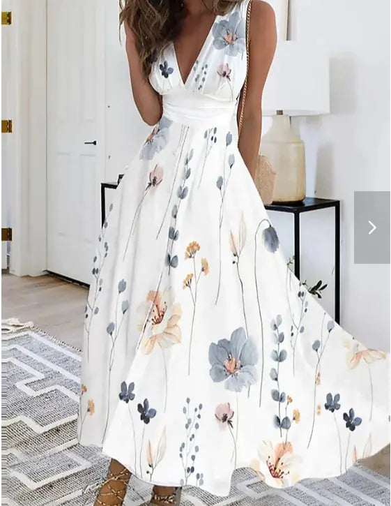2025 Summer V-Neck High-Waist Floral Dress