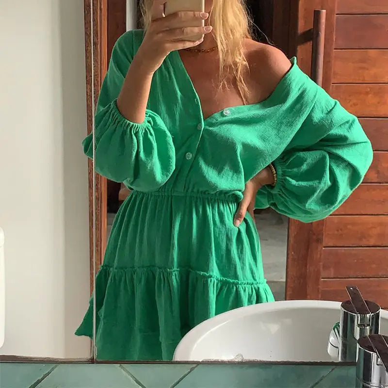 Elegant V-neck Batwing Sleeve Cotton Linen Dress