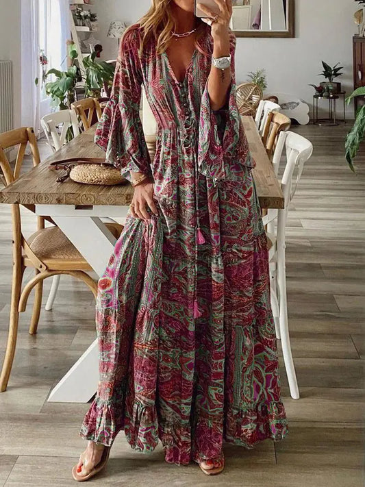 2025 Bohemian Floral Print Maxi Dress with V-Neck