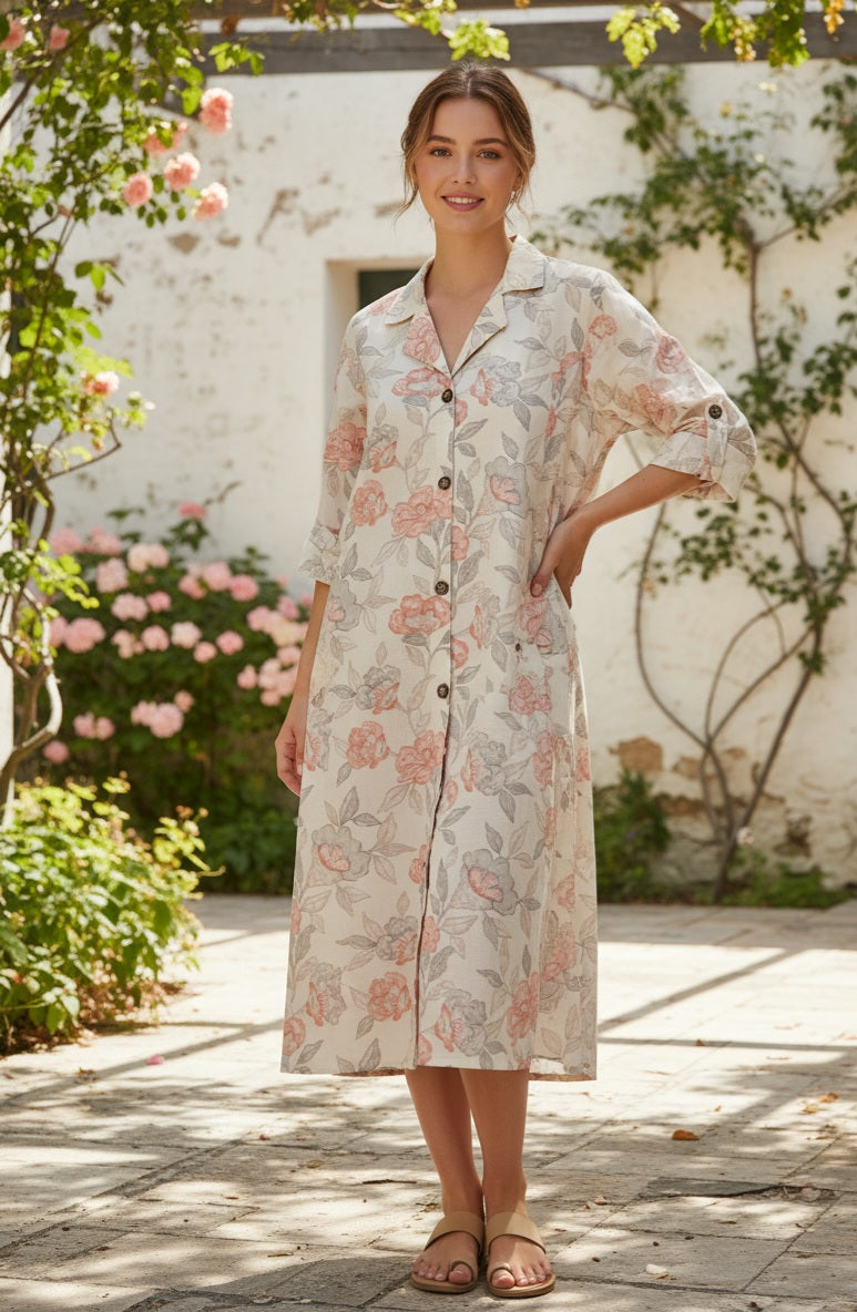 🌸 The Garden Rose Linen-Blend Shirt Dress 🌸