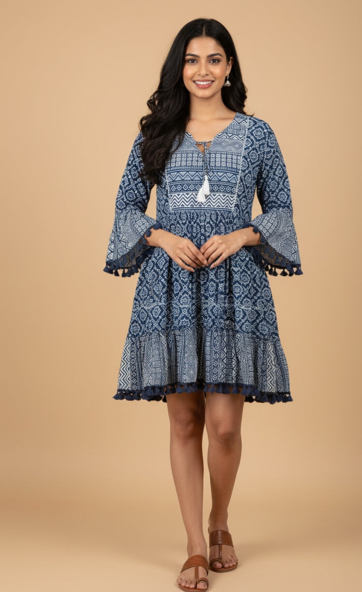 Boho Indigo Cotton Dress – Handblock Print