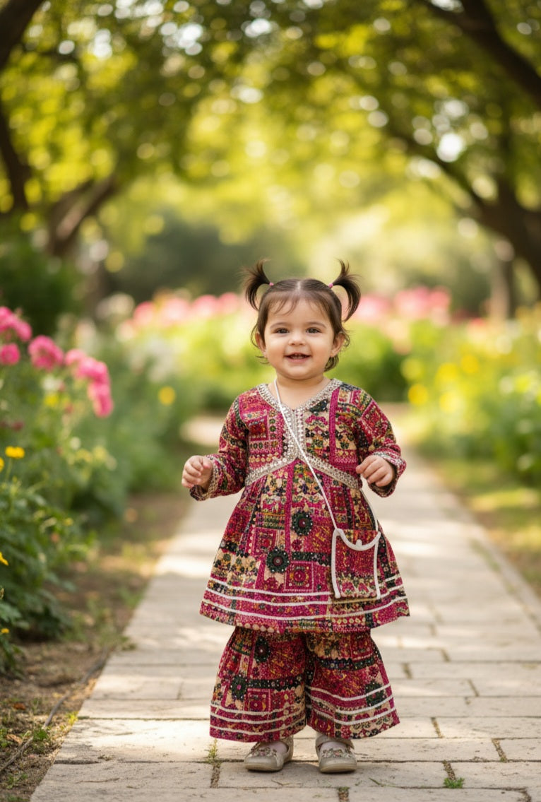 Little Blossom Embroidered & Printed Sharara Set - Rani Pink