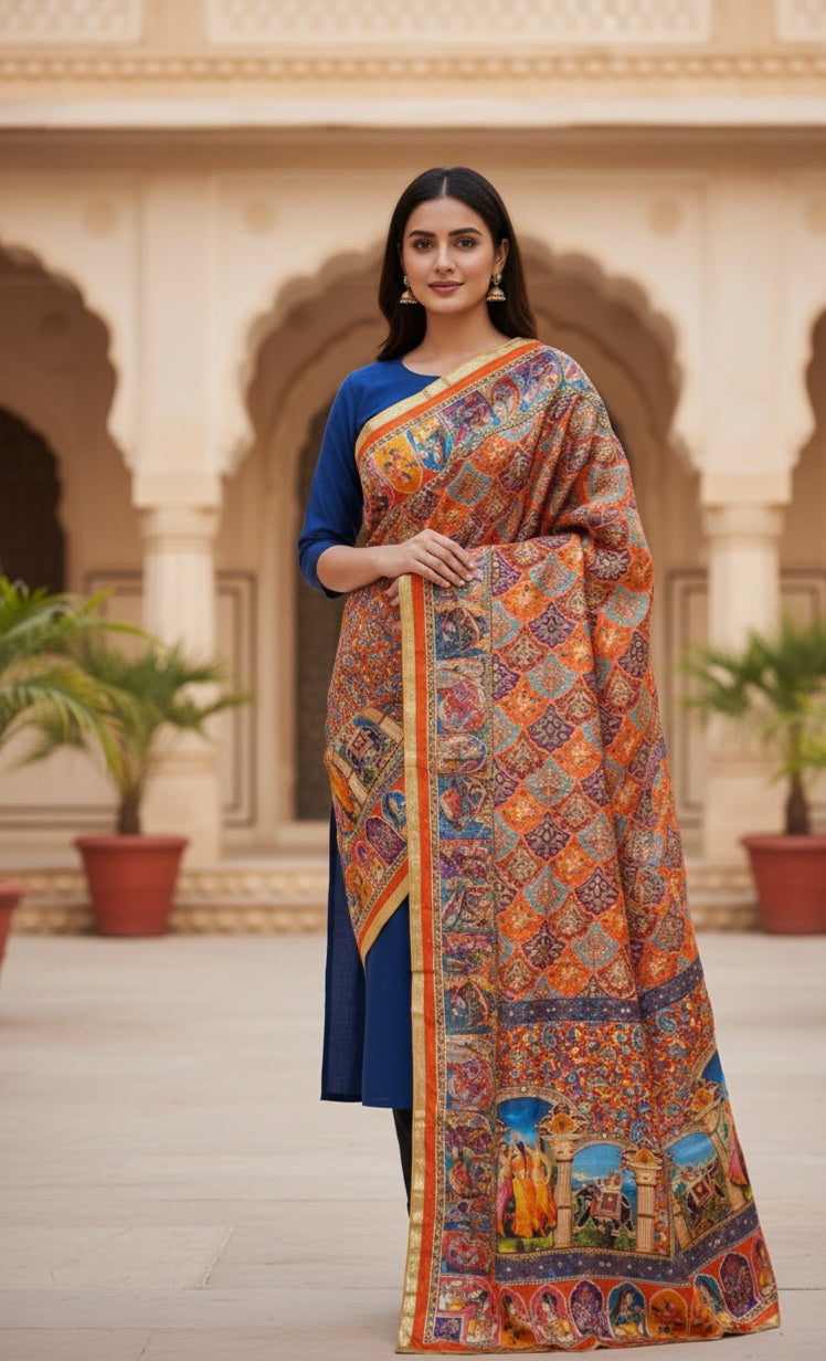 Luxury Printed Shawl: Rich Orange & Blue Dupatta with Mythological Scenes & Zari Border
