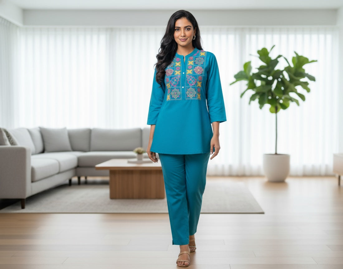 Elegant Cotton Cord Set – Teal Blue