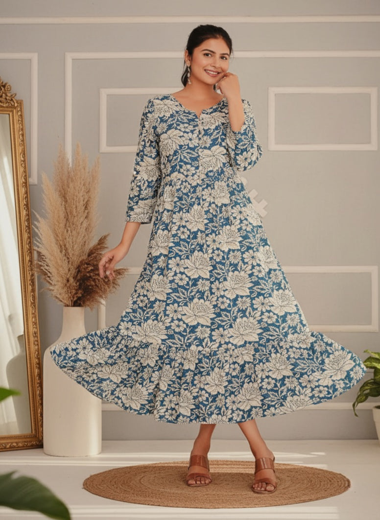 The Indigo Bloom Tiered Cotton Maxi Dress 💙